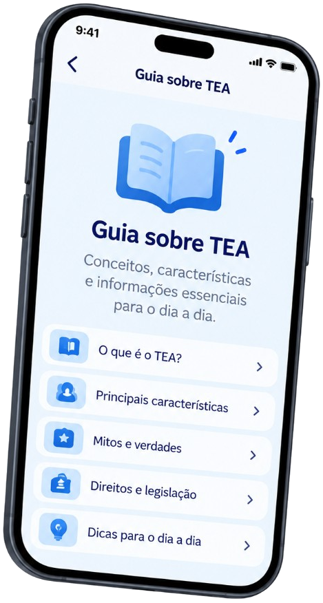 Tela do Guia sobre TEA, com conceitos, características, mitos, direitos e dicas.